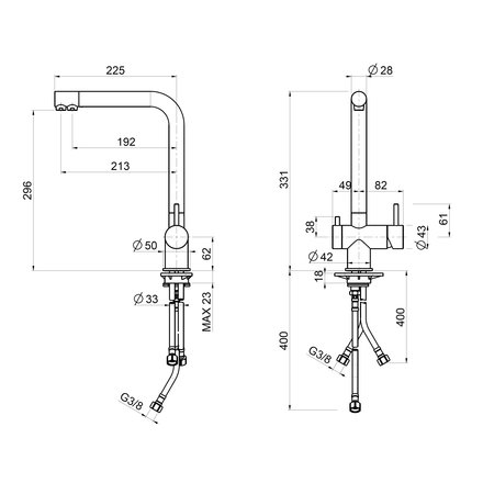 Quadrodesign Idealaqua Inox 383 ON stainless steel 3 way tap, black gold