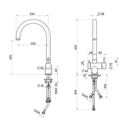 Quadrodesign Idealaqua Inox 385 AS stainless steel 3 way tap, brushed